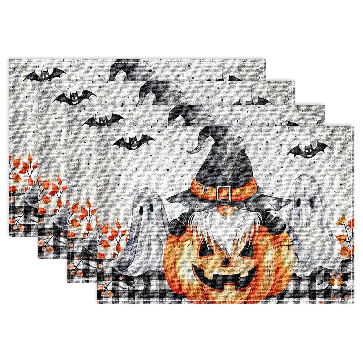 Niviy Buffalo Plaid Bat Ghost Pumpkins Halloween Placemats Set of 4, 12x18 Inch Horror Halloween Table Mats for Holiday Party Kitchen Dining Room Decoration