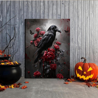 Gothic Canvas Wall Art Set of 3, Romantic Rose Halloween Wall Decor Paintings, Dark Goth Crow Skull Posters Prints for Bathroom Living Room Gallery Home Decor 12x16In Framed