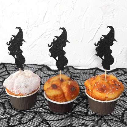 12pcs Halloween Witch Baby Shower Cupcake Toppers - Cauldron Witch Gender Reveal Party Decorations, Halloween Boy or Girl Cupcake Toppers