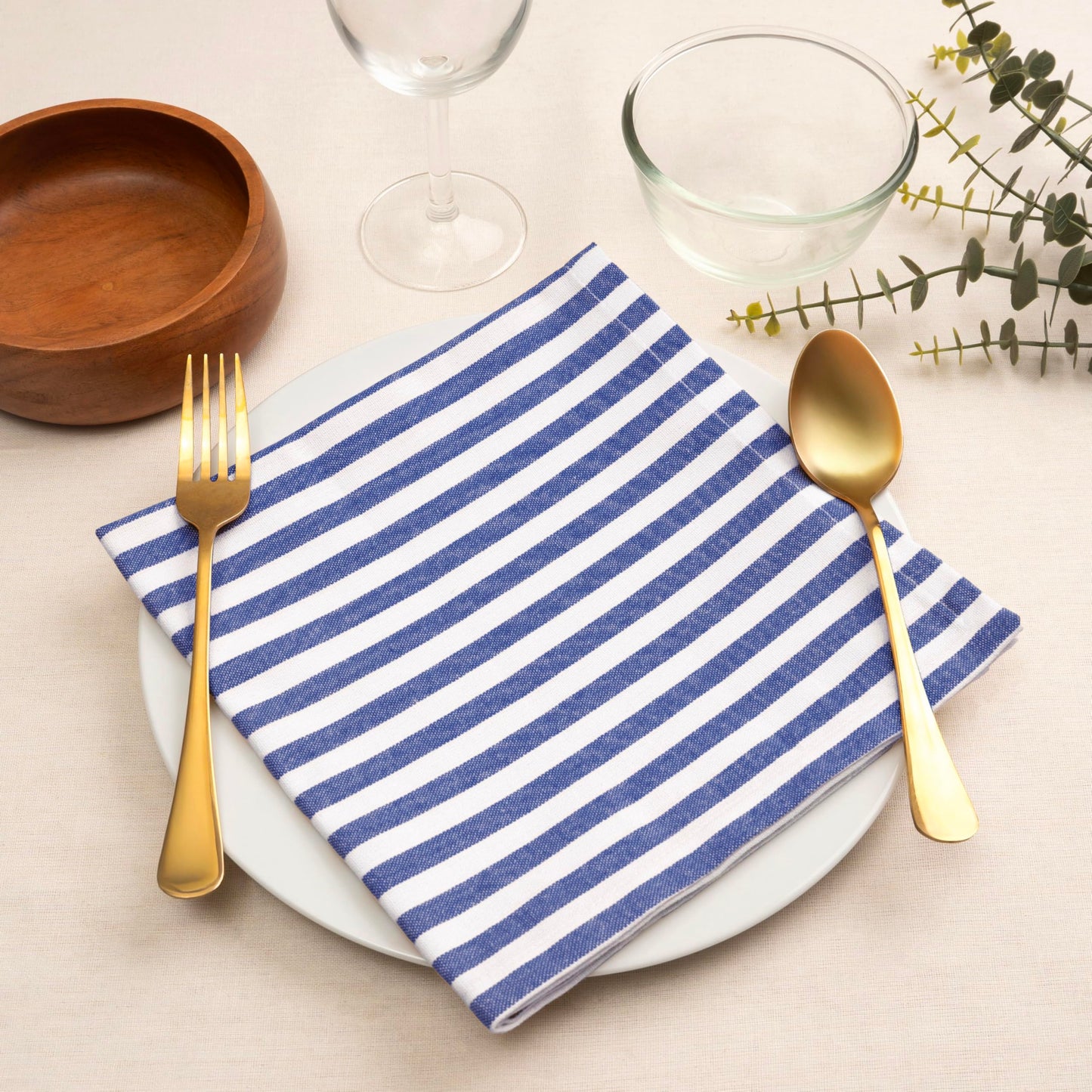 Blue Needles Set of 12 Striped Cloth Napkins 100% Cotton Dinner Table Napkins 18x18 inches, Soft, Reusable, Absorbent & Washable, Ideal for Spring Summer Easter Events & Everyday Use - Blue and White