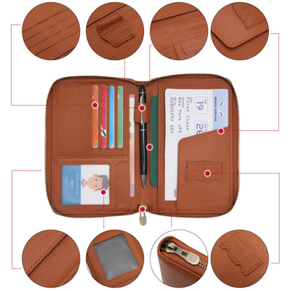 WASON Leather Zipper Travel Passport Wallet Holder RFID Blocking Cover, Passport case Pocket Slot for Card, Cash, ID, Boarding Pass and Ticket for Men, Women and Family Trips (Brown)