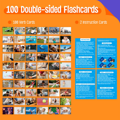 100 Verb Flashcards, Picture & Word Cards Action Language Builder Visual Aid Language Learning Tool for Autism, ESL Teaching Materials for Adults, Non-Verbal Children Vocabulary Builder for Kids