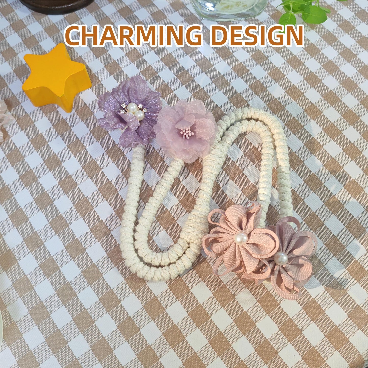 Flower Curtain Tiebacks with No Drill Installation, Fancy Decorative Holdbacks for Living Room, Bedroom, and Dining Room – Easy to Install and Adjustable, 2pcs Purple