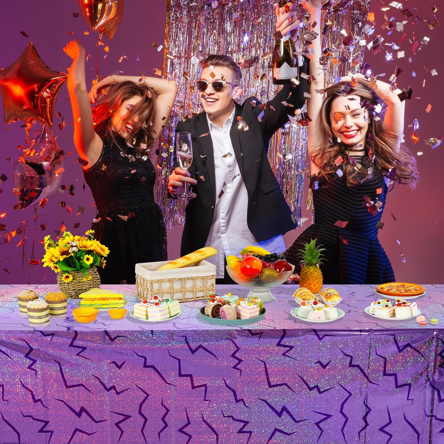 Hauwellter 6 Pack Iridescent Purple Kpop Plastic Tablecloth 54x108 Inch, Holographic Laser Disposable Table Cover, Rectangle Purple Table Cloth for Kpop Disco Halloween Birthday Party Decorations