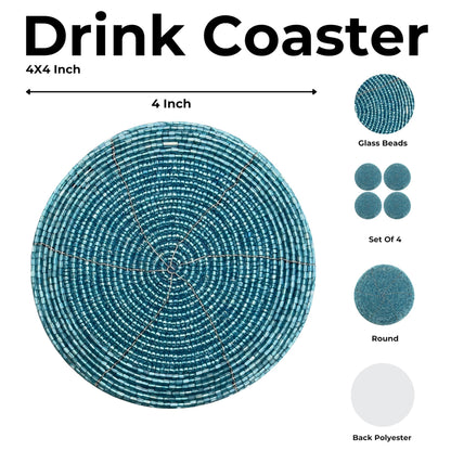 Handmade Beaded Bar Drink Tabletop Protection Coasters - Set of 4 - Halloween Harvest Autumn Fall Thanksgiving Holiday Christmas Xmas Celebration Festive Party 4" Round - Teal