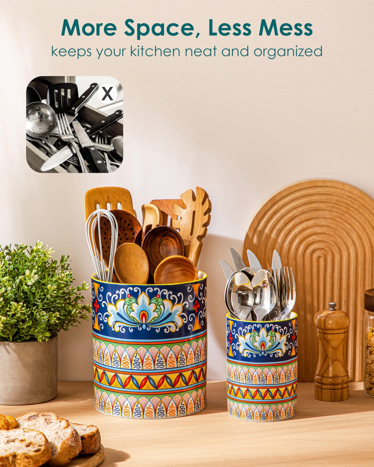 vancasso SIMI Utensil Holder, 7.3"+5.5" Porcelain Kitchen Utensil Holder for Countertop, Bohemian Kitchen Utensil Organizer for Spatulas, Spoons, Decorative Counter Utensil Crock, Celestial Harmony