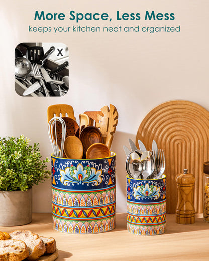 vancasso SIMI Utensil Holder, 7.3"+5.5" Porcelain Kitchen Utensil Holder for Countertop, Bohemian Kitchen Utensil Organizer for Spatulas, Spoons, Decorative Counter Utensil Crock, Celestial Harmony