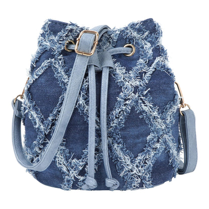 Hyuyikuwol Women Denim Mini Bucket Shoulder Crossbody Bag Drawstring Quilted Distressed Tassel Barrel Shape Satchel Purse, Blue