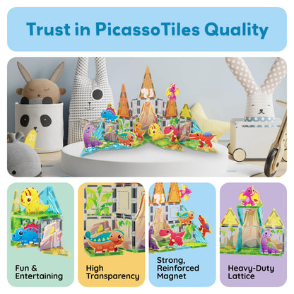 PicassoTiles Magnet Tiles Building Blocks Dinosaur Theme Set with 8 Magnetized Action Figures Magnetic Construction Build and Play Toy with Magnets STEM Learning Activities for Toddlers 3+ PTQ13