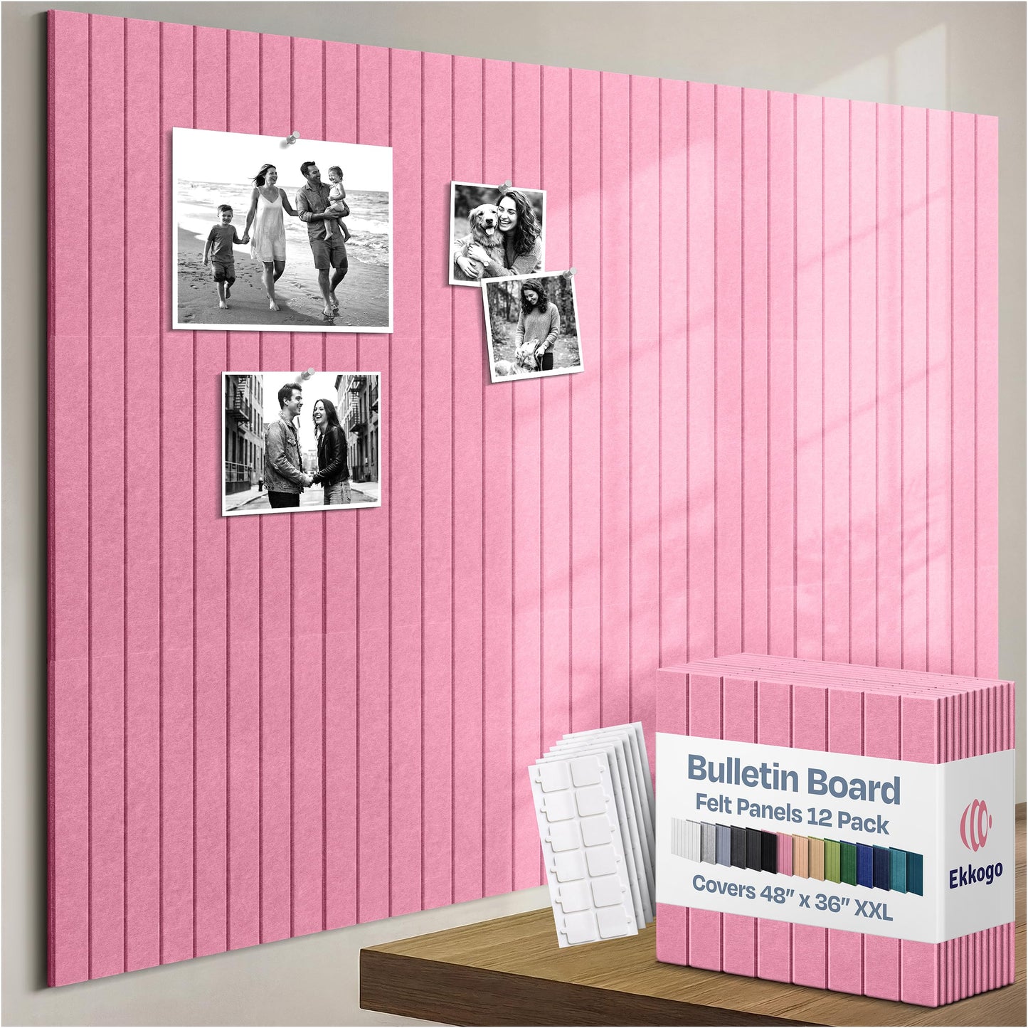 Ekkogo X-Large Cork Board Alternative 12-Pack Felt Bulletin Board Thick and Decorative Pin Board for Home Office Walls 47.24 x 35.43 Inches with 72 Adhesive Tabs - [Chic Pink]