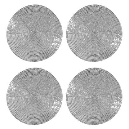 Silver Coasters Set of 4,Handmade Beaded Bar Drink Tabletop Protection Coasters - Halloween Harvest Autumn Fall Thanksgiving Holiday Christmas Xmas Celebration Festive Party 4" Round - Silver