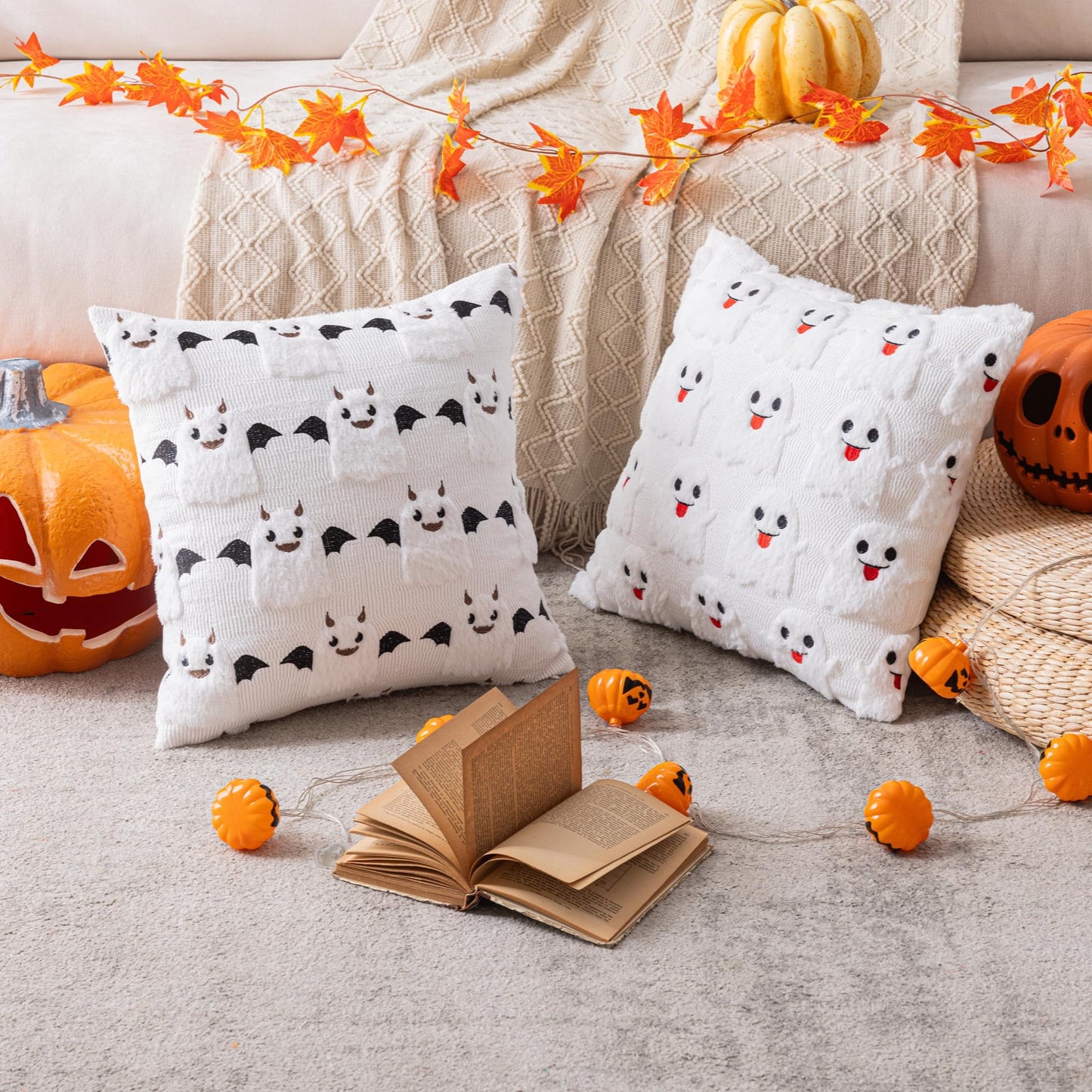 AQOTHES Halloween White Ghost Throw Pillow Covers 18x18 inch Set of 2, Cute Skeleton Pillowcases Holiday Cushions Covers for Halloween Decorations Indoor Home Sofa Couch