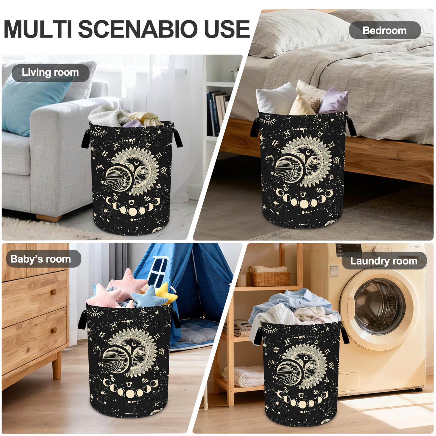 Sun Moon Laundry Basket Storage Bin Foldable Laundry Hamper Clothes Storage Bucket Organizer 19.6x15.7 Inch For Laundry Room/Bedroom/Bathroom