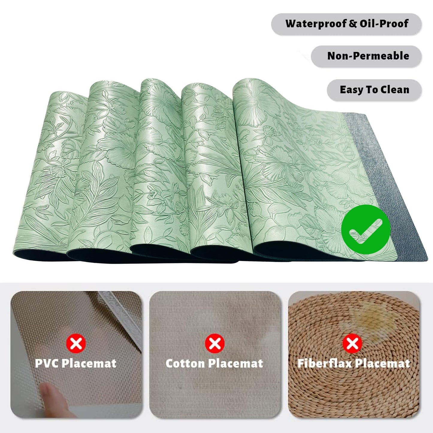 Double-Sided Reversible Placemats Set of 4, Heat Stain Non-Slip Waterproof Oil-Proof Washable Wipeable Table Mats Outdoor Indoor for Dining Patio Table Kitchen Decor (Green)