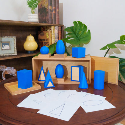 Premium Montessori Geometric Solids with Matching Cards – Solid Beechwood 3D Shapes, Plane Figures, Stands & Cards, Sensorial Geometry Materials for Spatial Awareness, Homeschool Classroom Kids 3-9