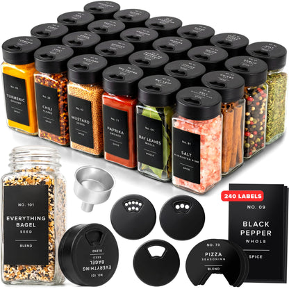 EDELHAUS Glass Spice Jars with Label and Black Rotating Lids (24 x 4oz) Spice Containers with 240 Labels, Shaker Inserts, Steel Funnel, Empty Square Containers