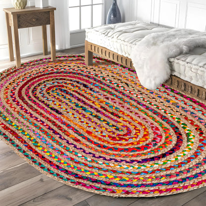 Savi Home Farmhouse Jute Cotton Chindi Rug 4x6 Oval Multicolor, Handwoven Braided Area Rug for Living Room, Kitchen, Entryway & Bathroom