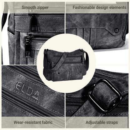 ELDA Crossbody Purses for Women PU Leather Denim Shoulder Handbags Waterproof Travel Bag Ladies Lightweight Medium Pocketbook (Black)