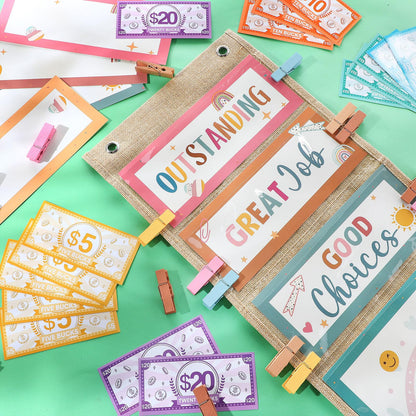 Pasimy 59 Pcs Student Behavior Clip Chart for Classroom Management Kids Track Reward Incentive Behavior Pocket Chart Boho Bulletin Board Teacher Supplies for School Office(Vibrant)
