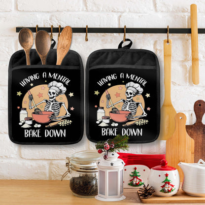GOOZHO Funny Halloween Skeleton Baker Pot Holders with Pockets, Having a Mental Bake Down Halloween Skull Oven Pot Holders Heat Resistant Oven Mitts Hot Pads for Kitchen Baking Cooking