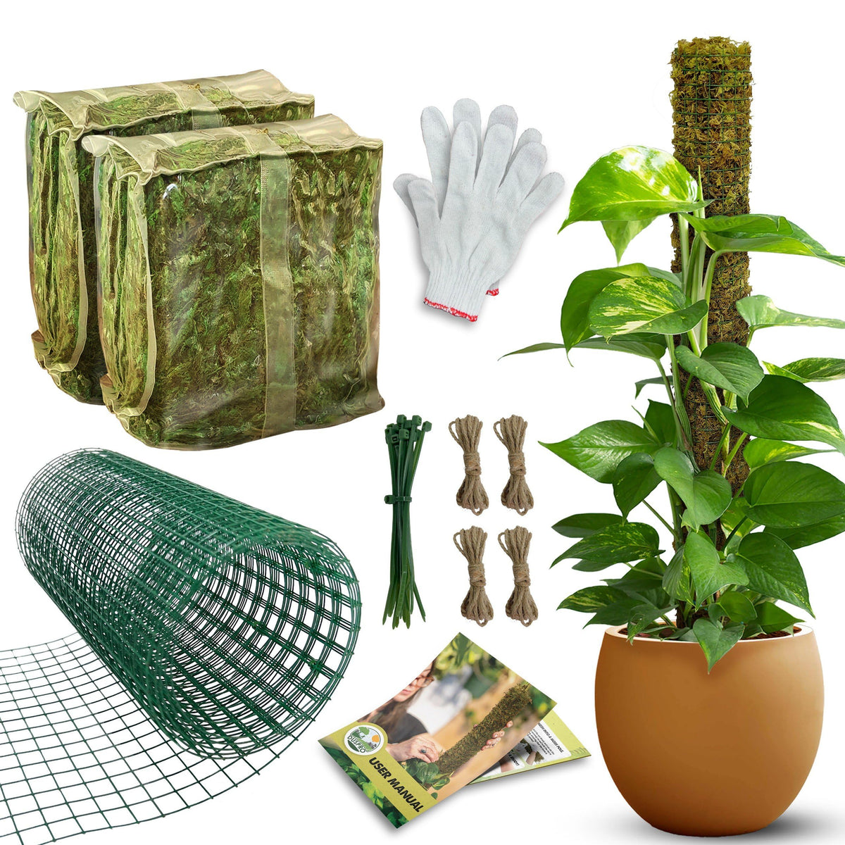 DUSPRO DIY Moss Pole Kit, Metal Moss Pole for Plant Monstera, Pothos, Philodendron, 1pc 8.6’’ x 6.5 ft Wire Moss Pole Mesh with Forest Moss, Cable Zip Ties, Gloves