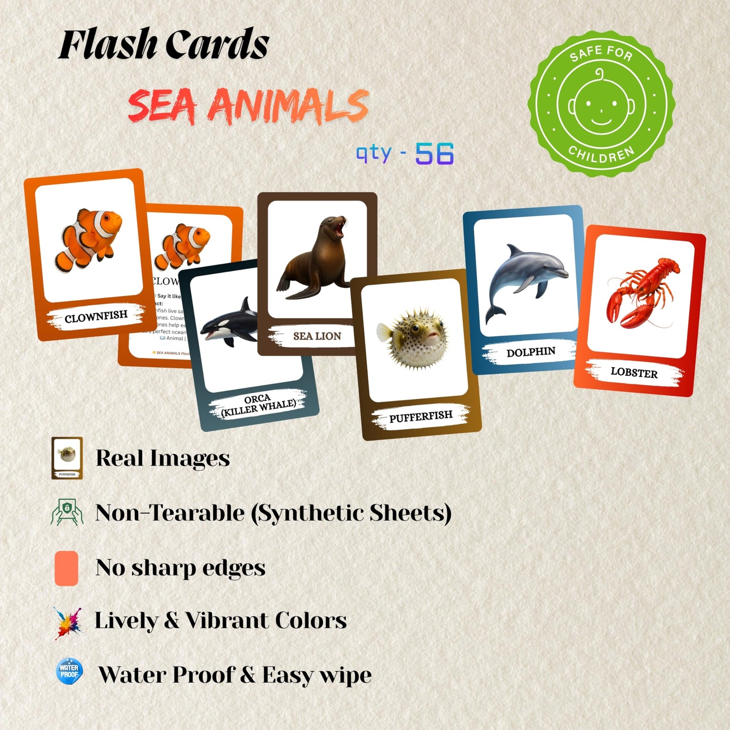 The Biblio Hub Sea Animals Flashcards – Non-Tearable Synthetic Learning Cards for Toddlers, Preschool & Kindergarten, Double-Sided Set