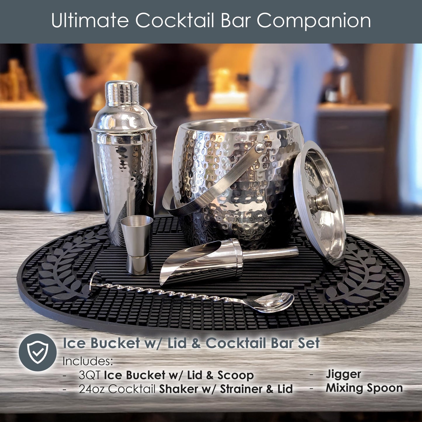 BREKX Stainless Steel Beverage Tub and Ice Bucket with Lid and Scoop Party Set, Silver Cocktail Barware Set