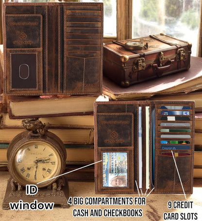 F&L CLASSIC Men's RFID Vintage Look Genuine Leather Long Bifold Wallet Checkbook Wallets,brown,240-82