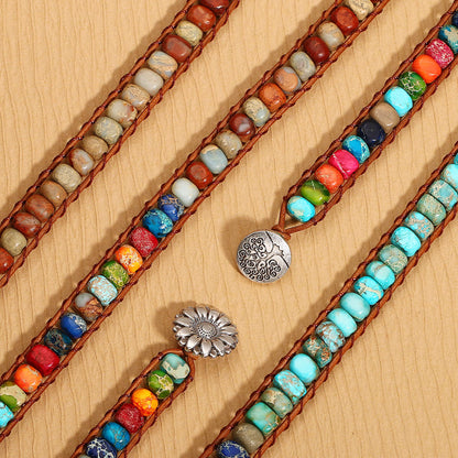 Sedmart Bracelets Made of Natural Stones with Hippie Stones Leather Wrap Healing Bead Bracelet Women Men