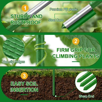 WAENLIR Garden Stakes16 Inch 72 Pack, Tomato cage DIY 4ft 5ft 6ft 7ft 8ft Plant Support Stakes with Connectors and Clips, Plastic Coated Metal Sticks for Tomato Indoor Outdoor