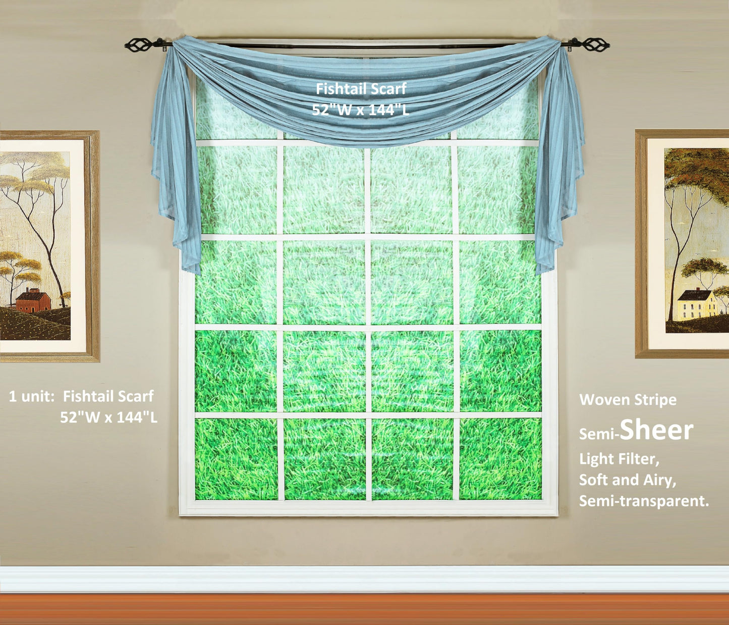 Today's Curtain, Silhouette Stripe Sheer Scarf 144", Blue, 52" W x 144" L