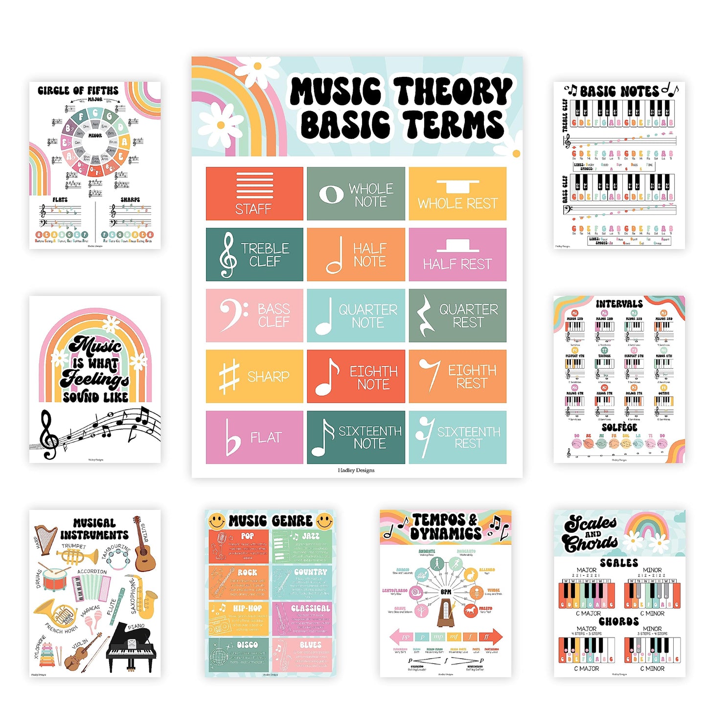 Hadley Designs 9 Music Classroom Posters – Retro Music Classroom Decor, Choir & Solfege Prints, Bulletin Board Decorations, Educational Supplies for Teachers