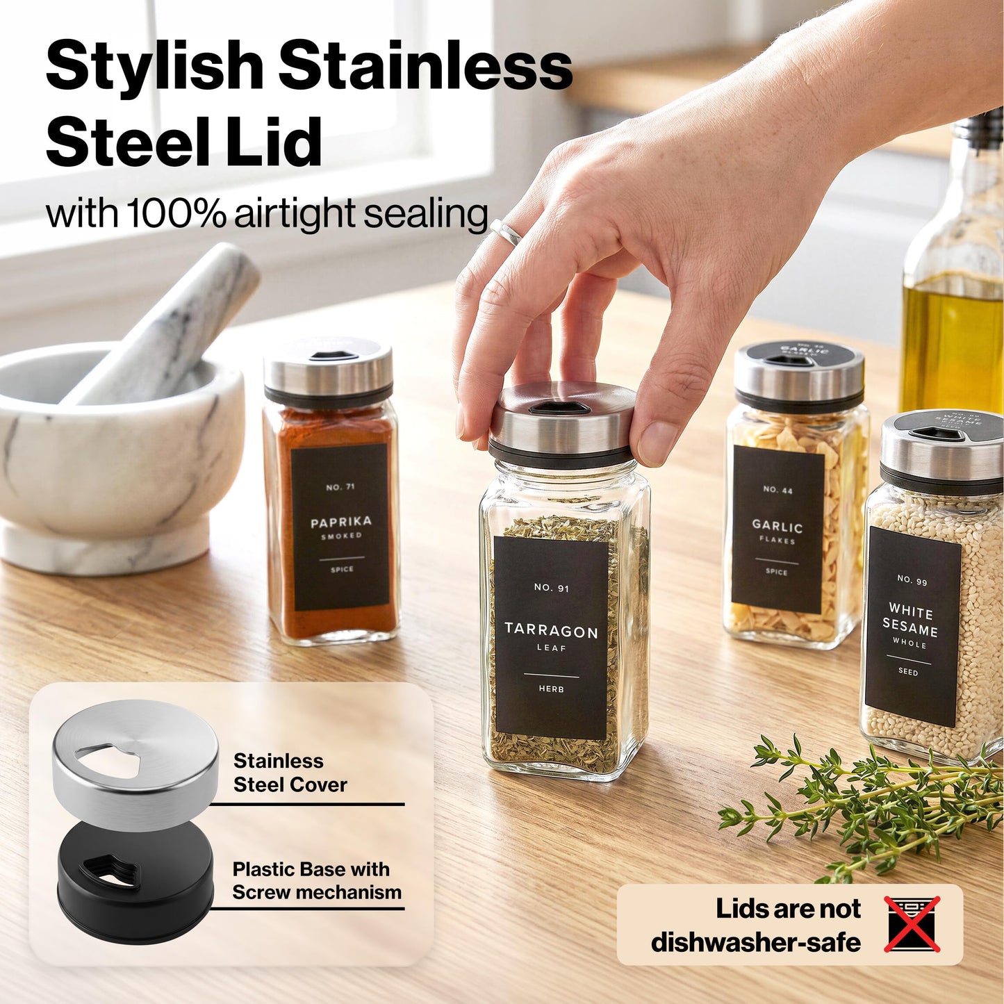 EDELHAUS Glass Spice Jars with Label and Silver Rotating Lids (24 x 4oz) Spice Containers with 240 Labels, Shaker Inserts, Steel Funnel, Empty Square Containers