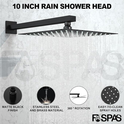Matte Black Shower System with 10-Inch Rain Showerhead and Tub Spout | cUPC-certified pressure balance brass valve to prevent scalding, CEC-certified air injection technology for low pressure