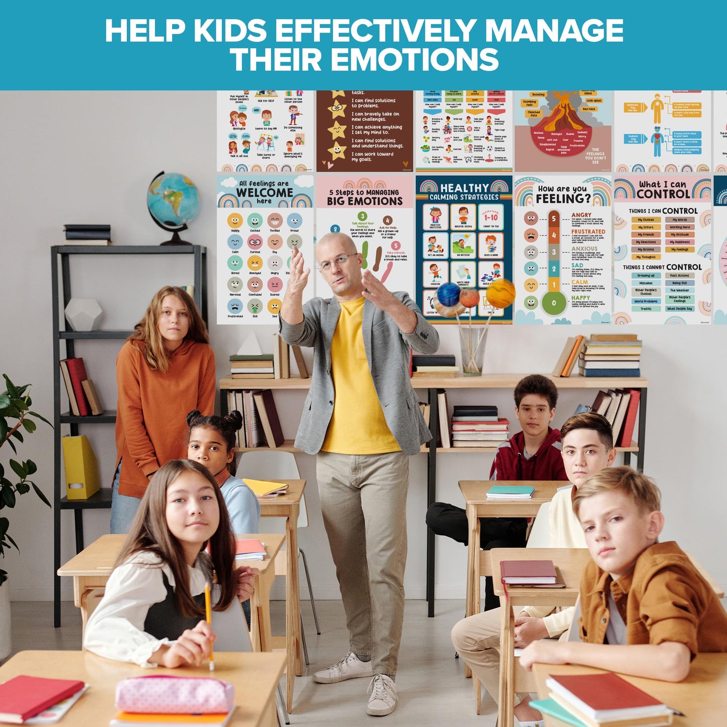 Decorably 15 Social Emotions Poster for Classroom, 11x17in Educational, Matte-Laminated Chart for Kids - School Hallways, Bulletin Boards, Home Study Room