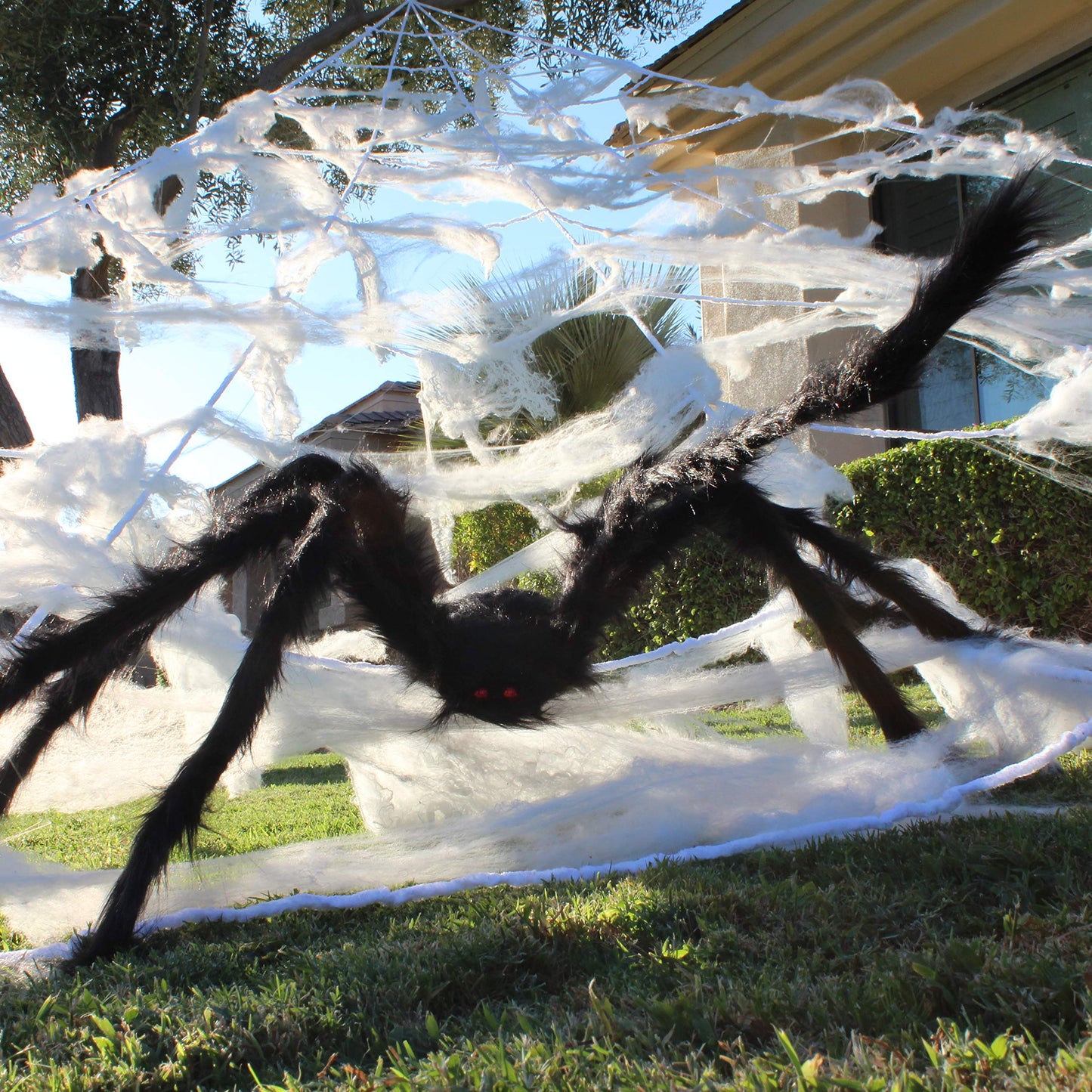 JOYIN Halloween Spider Web and 59'' Giant Spider, 16.4 x 15.7 Ft Large Triangular Web and Stretchy Cobweb 100g for Outdoor Decor, Spiderweb for Patio, Garden, Yard, Haunted House, Indoor Home Party