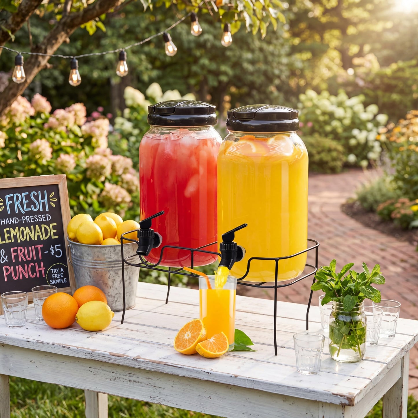 Tanlade Plastic Drink Dispenser with Stand Beverage Dispenser with Sturdy Metal Base Juice Dispensers for Parties Lemonade Jar with Spigot for Weddings Countertop, Each 1 Gallon (Black)