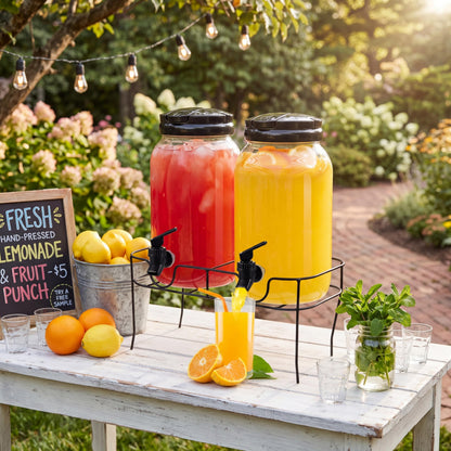 Tanlade Plastic Drink Dispenser with Stand Beverage Dispenser with Sturdy Metal Base Juice Dispensers for Parties Lemonade Jar with Spigot for Weddings Countertop, Each 1 Gallon (Black)