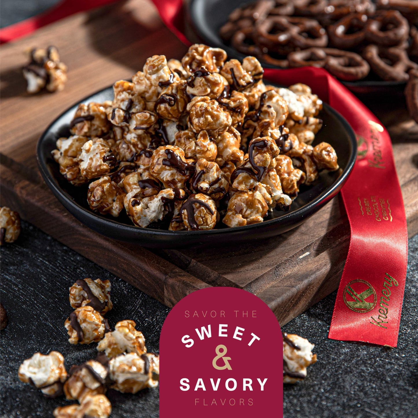 KREMERY Creamy Chocolate Cravings - Chocolate Covered Pretzels & Caramel Popcorn Gift Basket, in Seagrass Tray + Ribbon (Premium, 2.5 lbs) Food Arrangement, Food Assortments USA Made