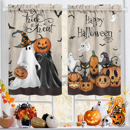 Miffrank Halloween Kitchen Curtains and Valance Set of 3, Ghost Pumpkin Kitchen Window Tier Curtains Farmhouse Window Valances Rod Pocket Panels for Halloween Home Decor
