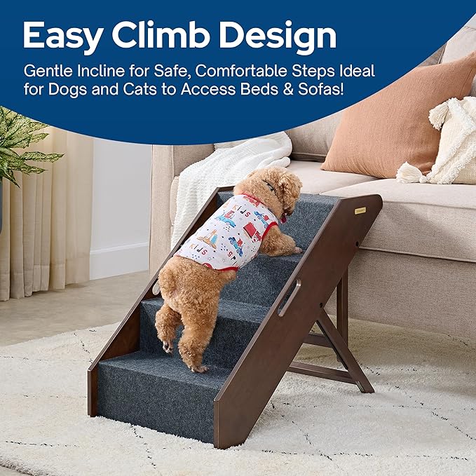 Stakmore Wooden Pet Steps with 3 Adjustable Heights - No Assembly Foldable Pet Stairs for High Beds with Solid Hardwood Construction, Lightweight Cat, Dog Stairs & Steps, Espresso