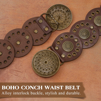 WHIPPY Western Belts for Women Vintage Disc Waist Belts Concho Leather Belts Boho Waist Belt for Dress Jeans, Bronze Brown, S