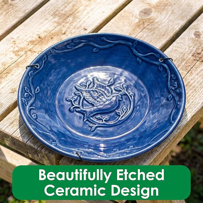 Blue Ceramic Bird Bath Bowl - Hanging Bird Baths for Outdoors - 12-Inch Glazed Ceramic Bowl with Embossed Bluebird & Flower Design - Metal Chain & Hook