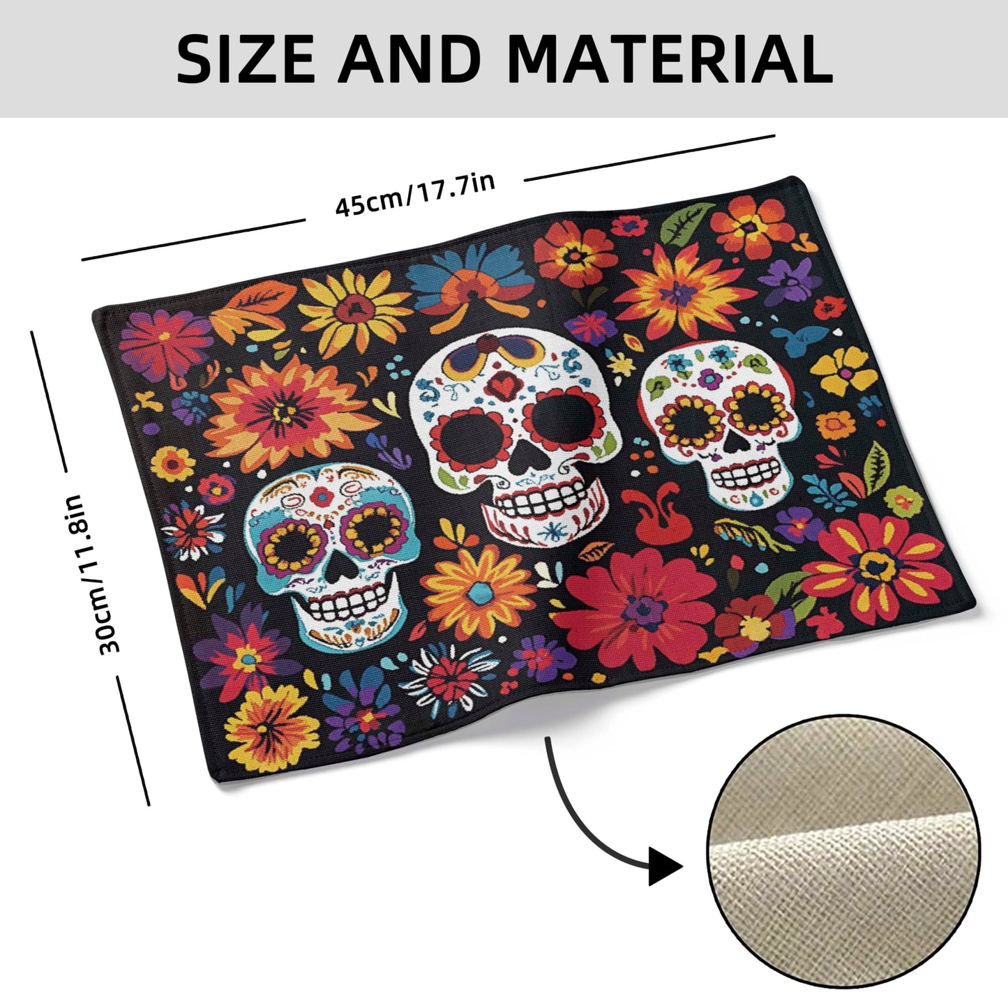 Flowers Skull Placemats Set of 4,Halloween Sugar Skulls Table Mats Mexican Day of The Dead Skeleton Place Mats Linen Heat Resistant Placemats Party Dining Decoration Kitchen