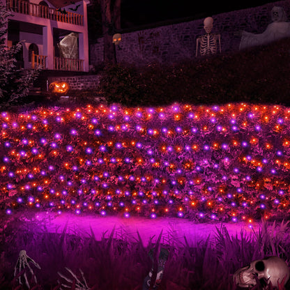 WBao Solar Halloween Lights Outdoor 200LED F8 Big Bulbs, 8.4ft x 5.2ft Orange Purple Net Lights with Remote, 8 Modes, Timer, Connectable, Waterproof & Dark Green Wire for Lawn, Bushes Halloween Decor