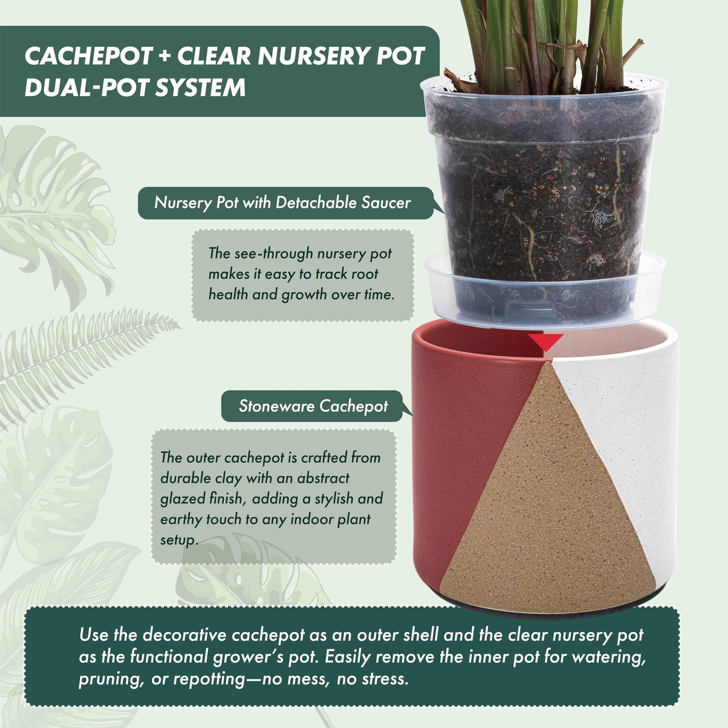 D'vine Dev 6.5" Stoneware Cachepot Planter with 6" Low Clear Nursery Pot & Detachable Saucer – Modern Indoor Plant Pot with Drainage for Bottom Watering & Root Visibility, Crimson Dune, 93-O-C-4