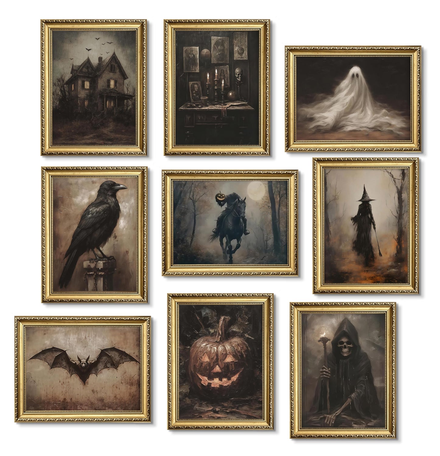 Halloween Posters Wall Art Set of 9, Dark Academia Headless Horseman Wall Decor, Gothic Moody Ghost Paintings, Spooky Witch Raven Canvas Prints Pictures for Living Room Bedroom 8x10 Inch Unframed