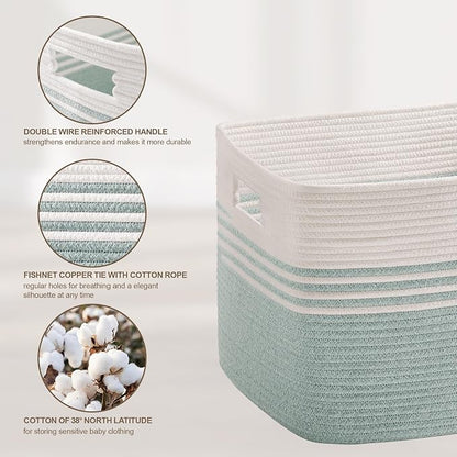 45L Small Laundry Basket for Living Room Storage, Woven Rope Baskets Bin for Blanket, Kids Toy, Gifts, Wicker Hamper for Bedroom Dirty Clothes, 18"x14"x11" White Green