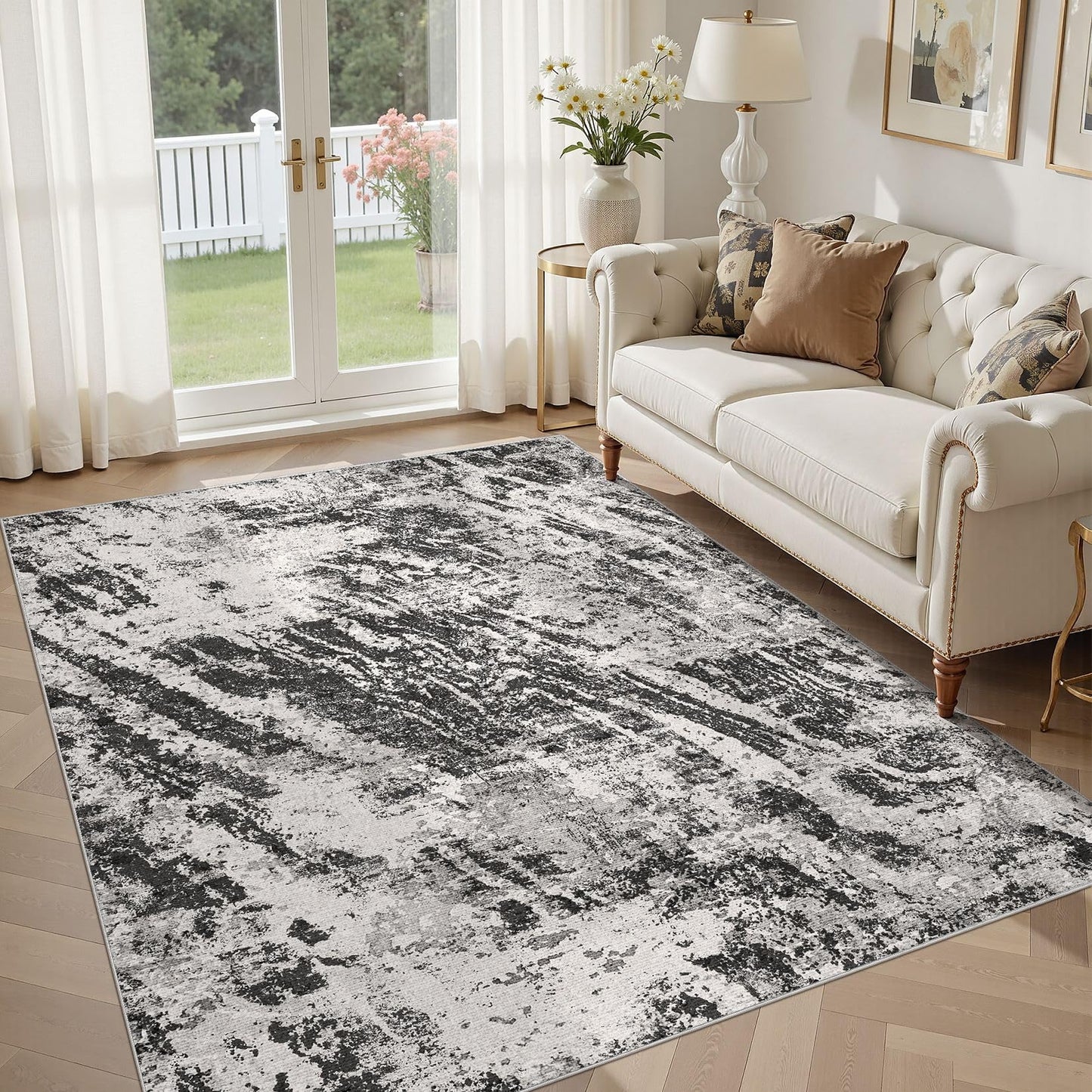 DMOYEST 5x7 Washable Area Rug: Abstract Modern Non-Slip Carpet, Soft Low Pile Indoor Neutral Easy Clean Floor Rugs for Living Room Bedroom Dining Room Kids & Pets - Black