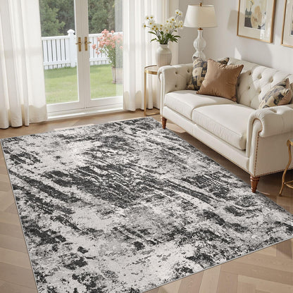 DMOYEST 5x7 Washable Area Rug: Abstract Modern Non-Slip Carpet, Soft Low Pile Indoor Neutral Easy Clean Floor Rugs for Living Room Bedroom Dining Room Kids & Pets - Black